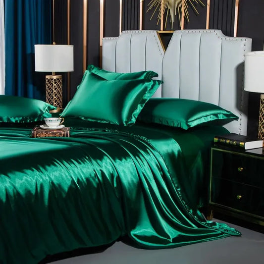 Nordic Silk Bedding Set with Duvet Cover Bed Sheet Pillowcase Luxury Couple Single Double Summer 1/2 People Solid Bedsheet