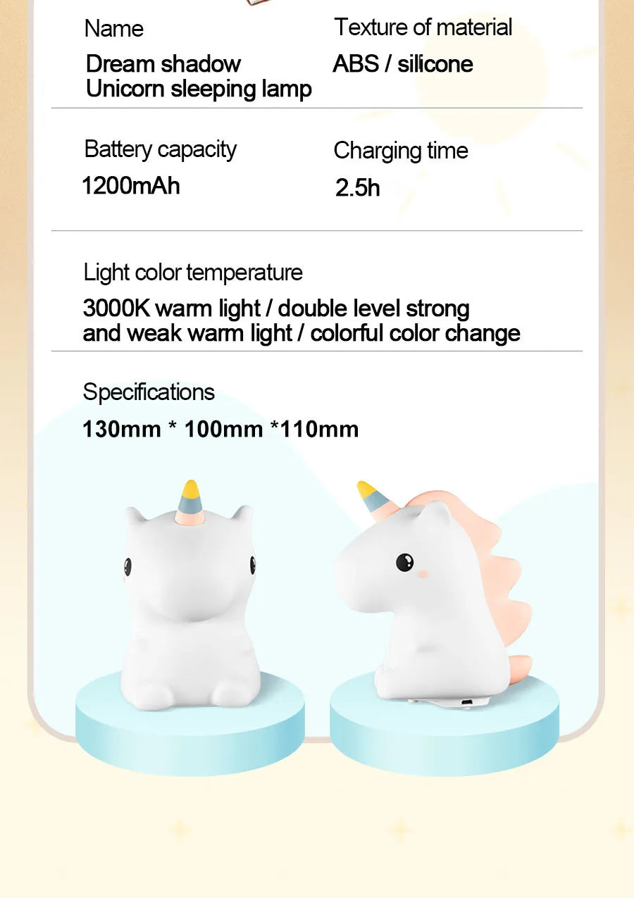 unicorn Cute Silicone LED Night Light For Kids children USB Rechargeable Cartoon Animal bedroom decor Touch Night Lamp for gifts