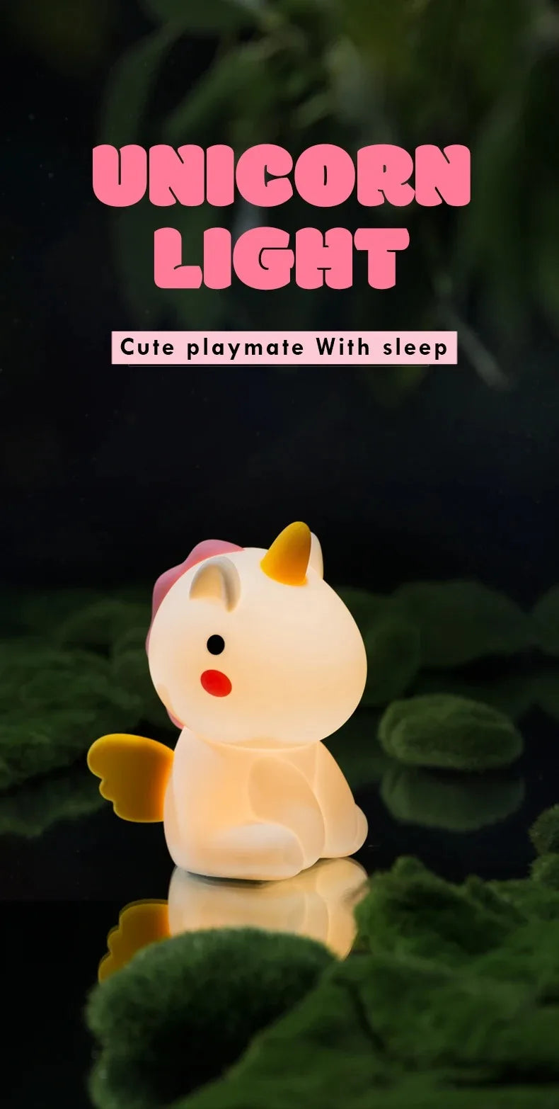 Unicorn Cute Silicone LED Night Light For Kids Children USB Rechargeable Cartoon Animal Bedroom Decor Touch Night Lamp for Gifts