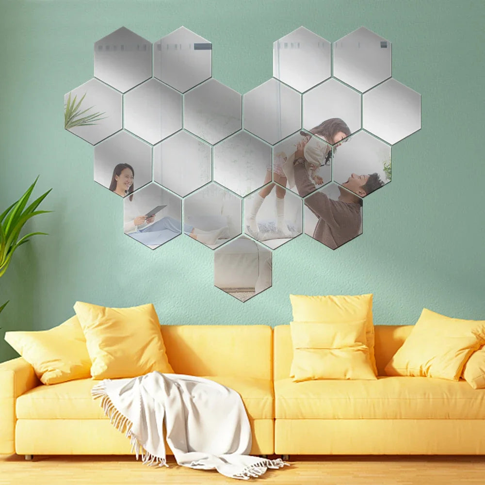 1/60pcs Hexagon Mirror Sticker 3D Mirror Acrylic Wall Stickers Self Adhesive Decals DIY Bedroom Living Room Bathroom Home Decor