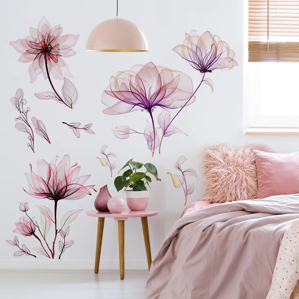 Pink Flowers Wall Stickers for Living Room Bedroom Background Wall Decor Girls's Room Home Decorative Stickers Wall Decals Mural