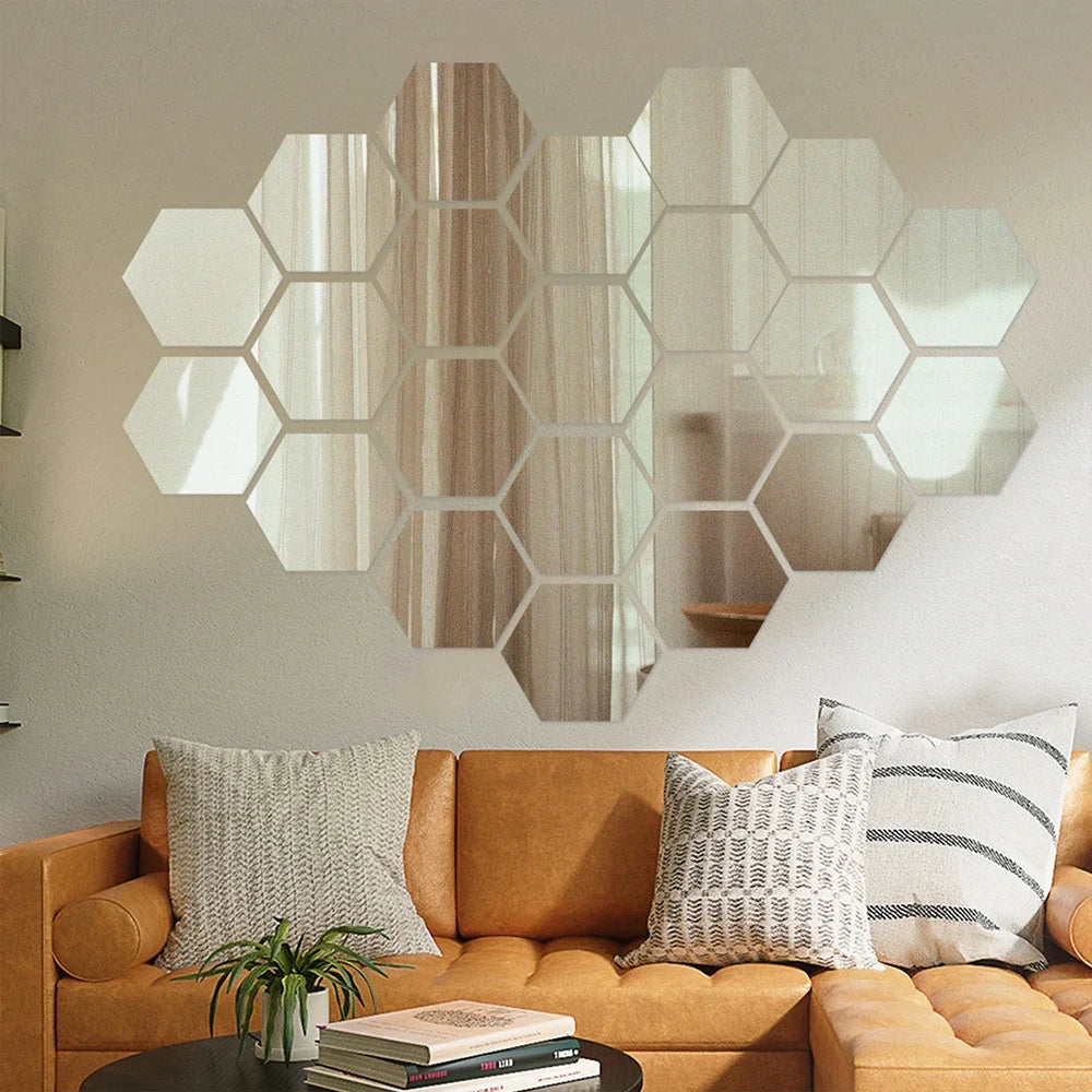 1/60pcs Hexagon Mirror Sticker 3D Mirror Acrylic Wall Stickers Self Adhesive Decals DIY Bedroom Living Room Bathroom Home Decor