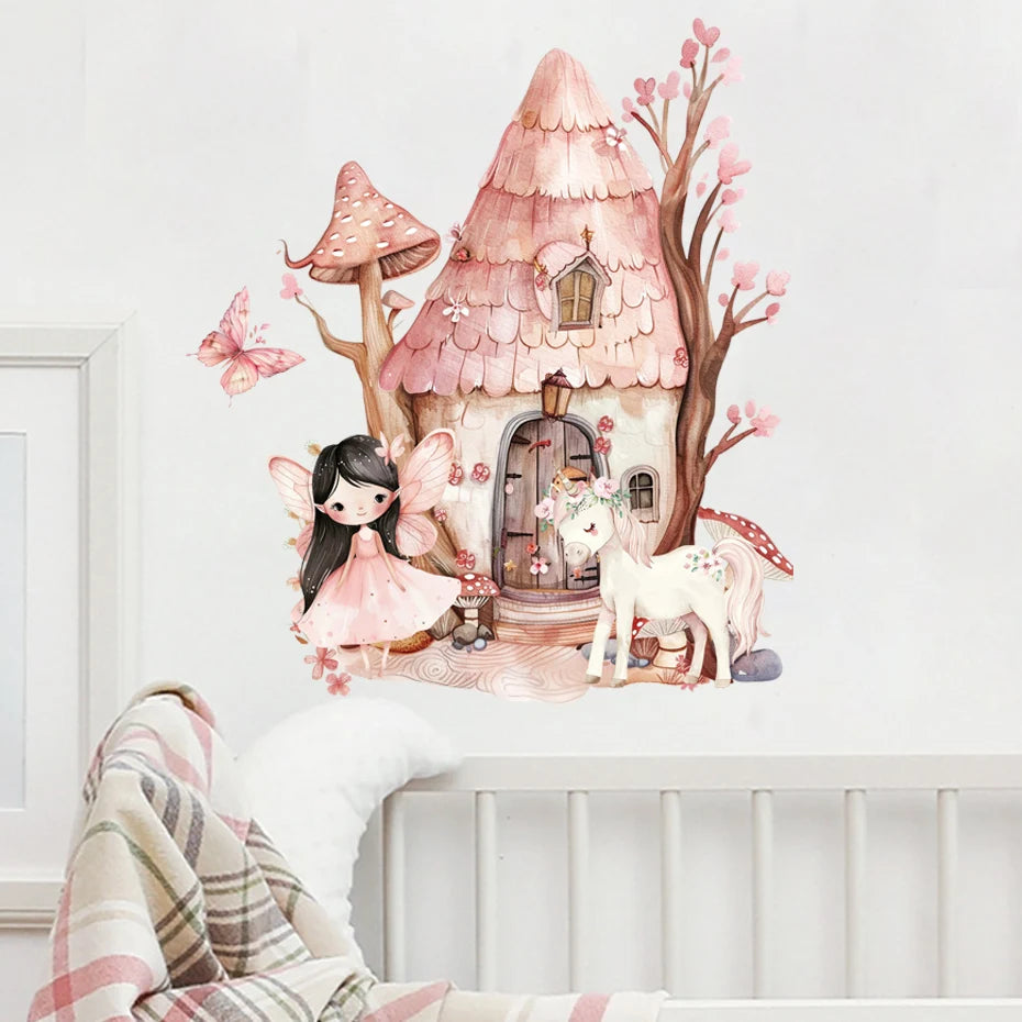Cartoon Cute Fairy Mushroom House Plant Wall Sticker Flower Elves Wall Decals for Kids Room Baby Girl Nursery Room Bedroom Decor