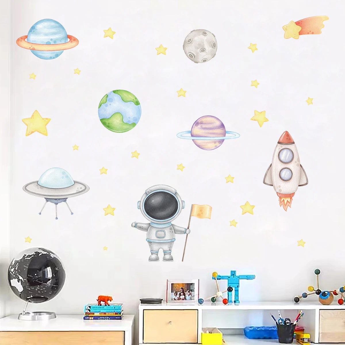 Cartoon Astronaut Planet Moon Star Wall Stickers for Kids Room Background Bedroom Decoration Living Room Home Decor Wall Decal