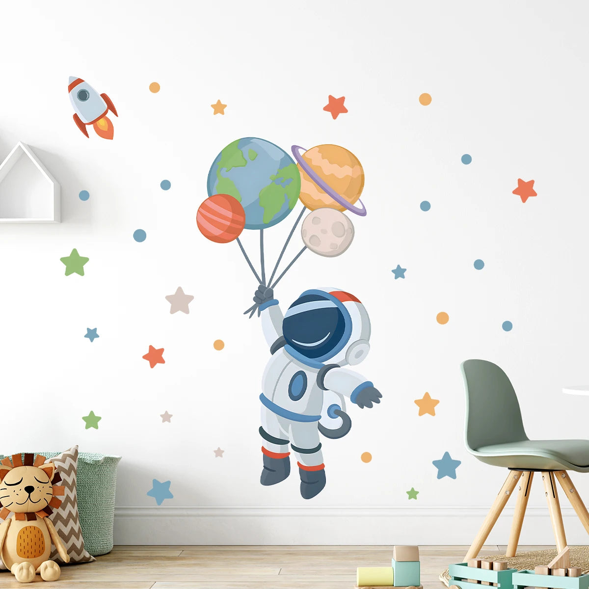 Cartoon Astronaut Planet Moon Star Wall Stickers for Kids Room Background Bedroom Decoration Living Room Home Decor Wall Decal