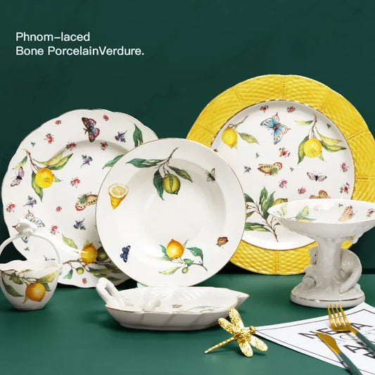 European Lemon Pattern Ceramic Dinner Steak Plate Bowl Fruit Candy Fruit Dim Sum Western Cuisine Plate Dishes  Dinner Plates