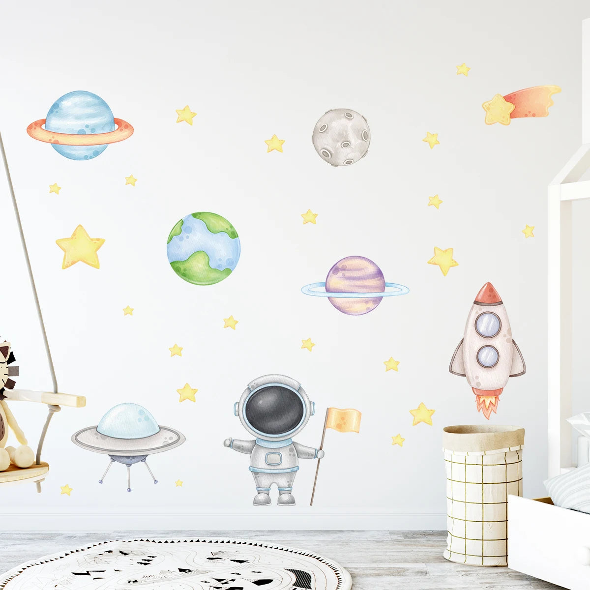 Cartoon Astronaut Planet Moon Star Wall Stickers for Kids Room Background Bedroom Decoration Living Room Home Decor Wall Decal