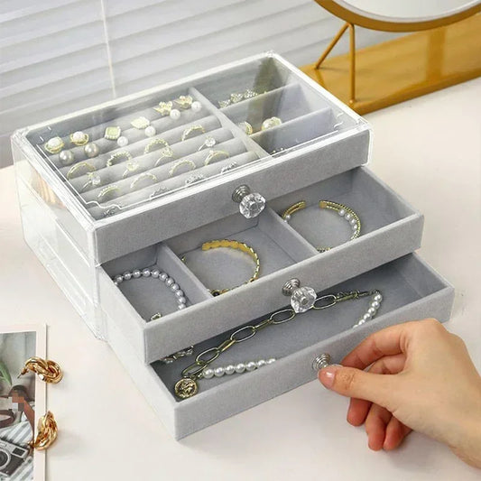 Jewelry Box Organizer Acrylic Velvet with 3 Drawers Stackable Display Earrings Necklace Bracelets Box Holder Case for Women