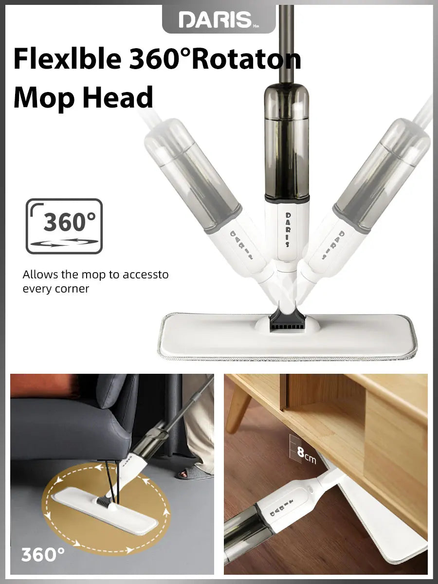 DARIS Spray Flat Mop With Reusable Microfibers Pads 360° Rotation Floor Cleaning Mop 500ML Big Capacity Square Triangle Bottle
