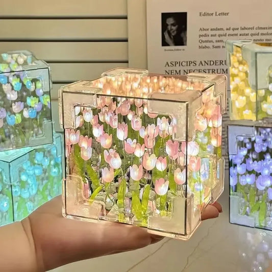 Creative Diy Tulip Flower Sea Cube Three-Dimensional Small Night Lamp Material Package for Girlfriend Couple Girlfriend Gift