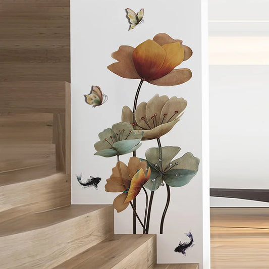 Chinese Style Lotus Carp Wall Sticker Living Room Background Decoration Wallpaper For Entrance Home Decor Self-adhesive Decals