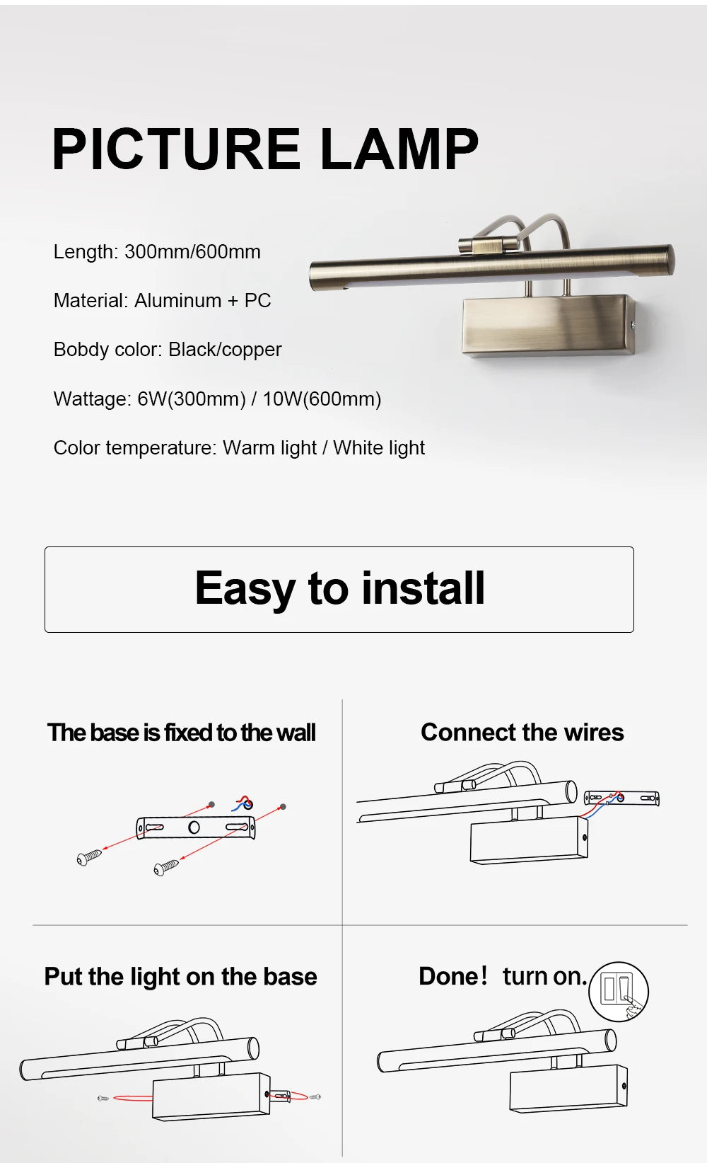 Led Bathroom Wall Light Black Copper AC85-265V Interior Wall Lamp Picture Light Modern Apply Wall Lighting 8W Wall Sconce