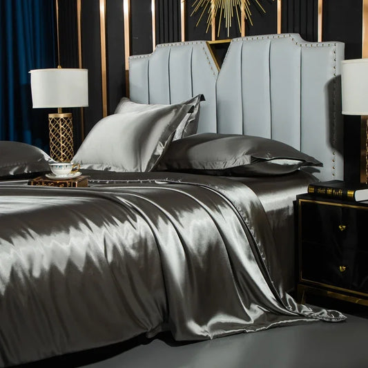 Nordic Silk Bedding Set with Duvet Cover Bed Sheet Pillowcase Luxury Couple Single Double Summer 1/2 People Solid Bedsheet